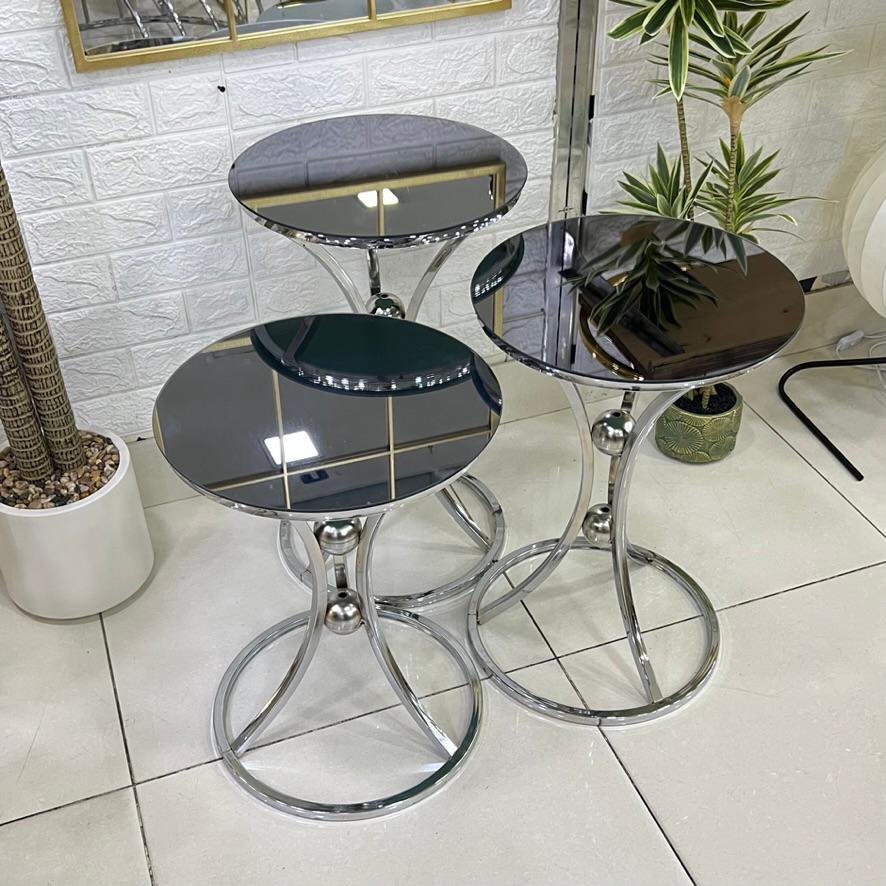 Silver Black Mirror Top Round 3-Piece Set