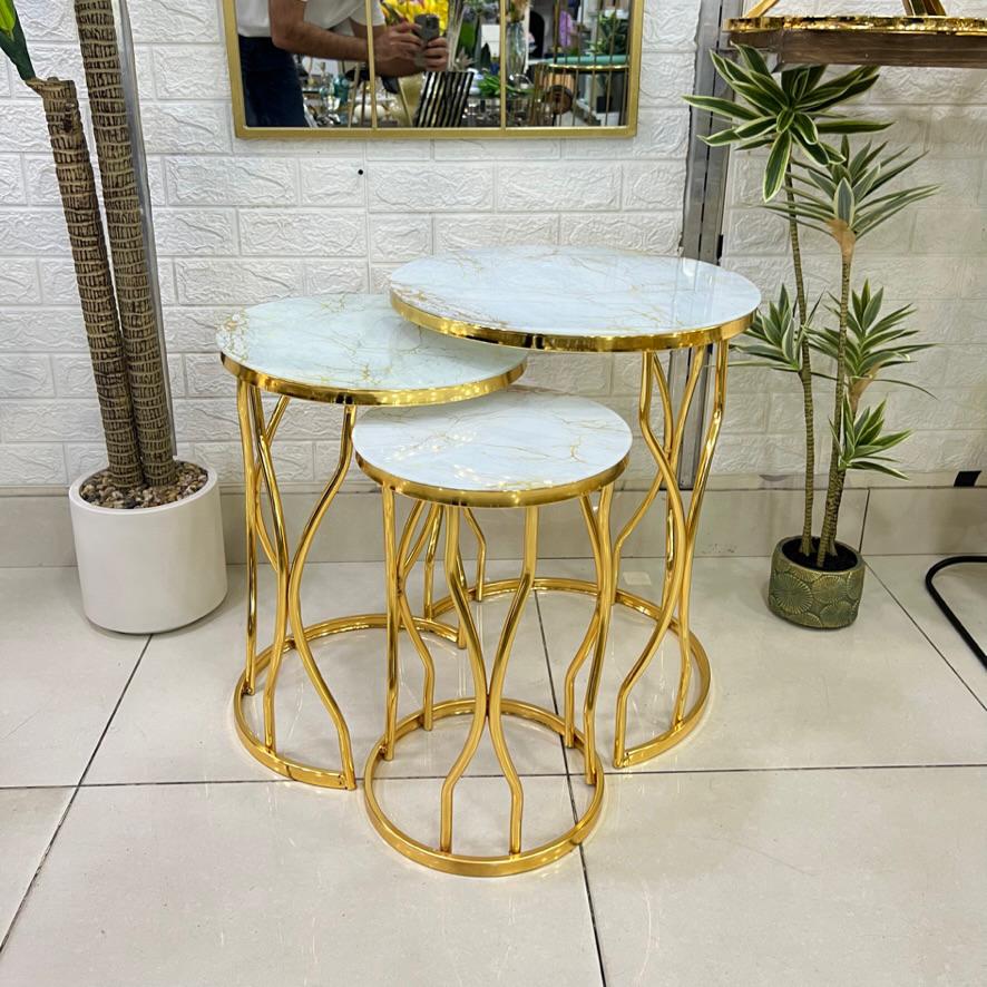 Curve Marble Pattern Mirror Top Round 3-Piece Set