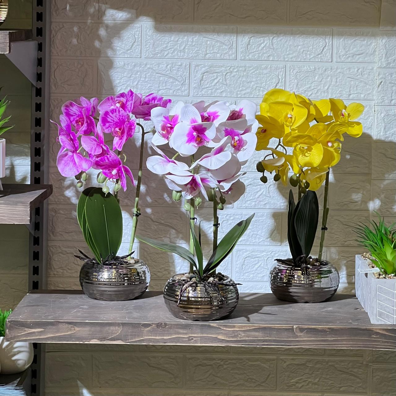 Round Chrome Pot Orchid Artificial Plant