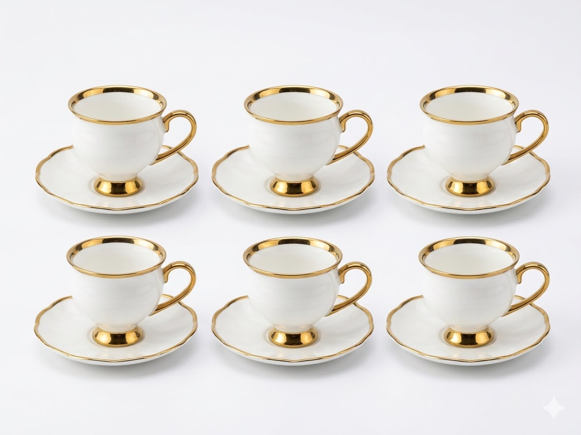Classic White & Gold Coffee Cup Set – 6pcs