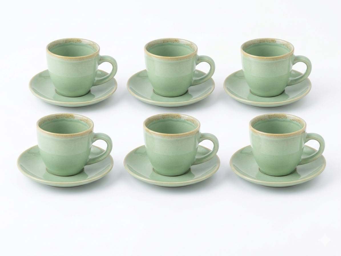 Mint Green Coffee Cup & Saucer Set – 6pcs