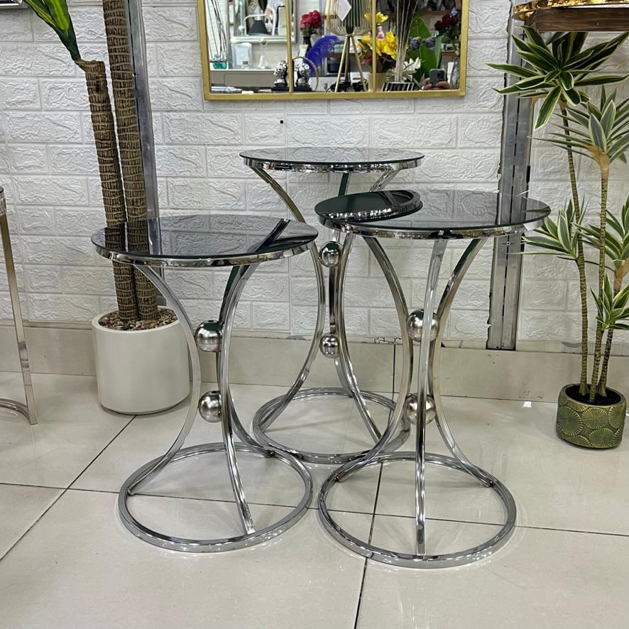 Silver Black Mirror Top Round 3-Piece Set