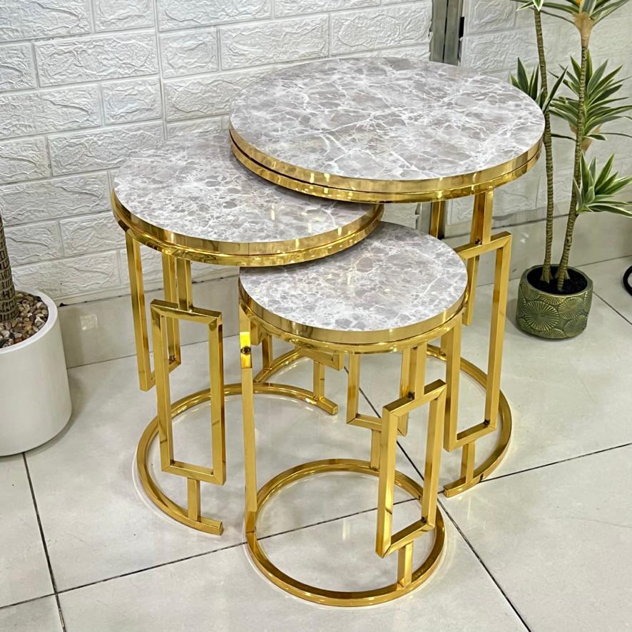 Marble Top Pattern Mirror Top Round 3-Piece Set