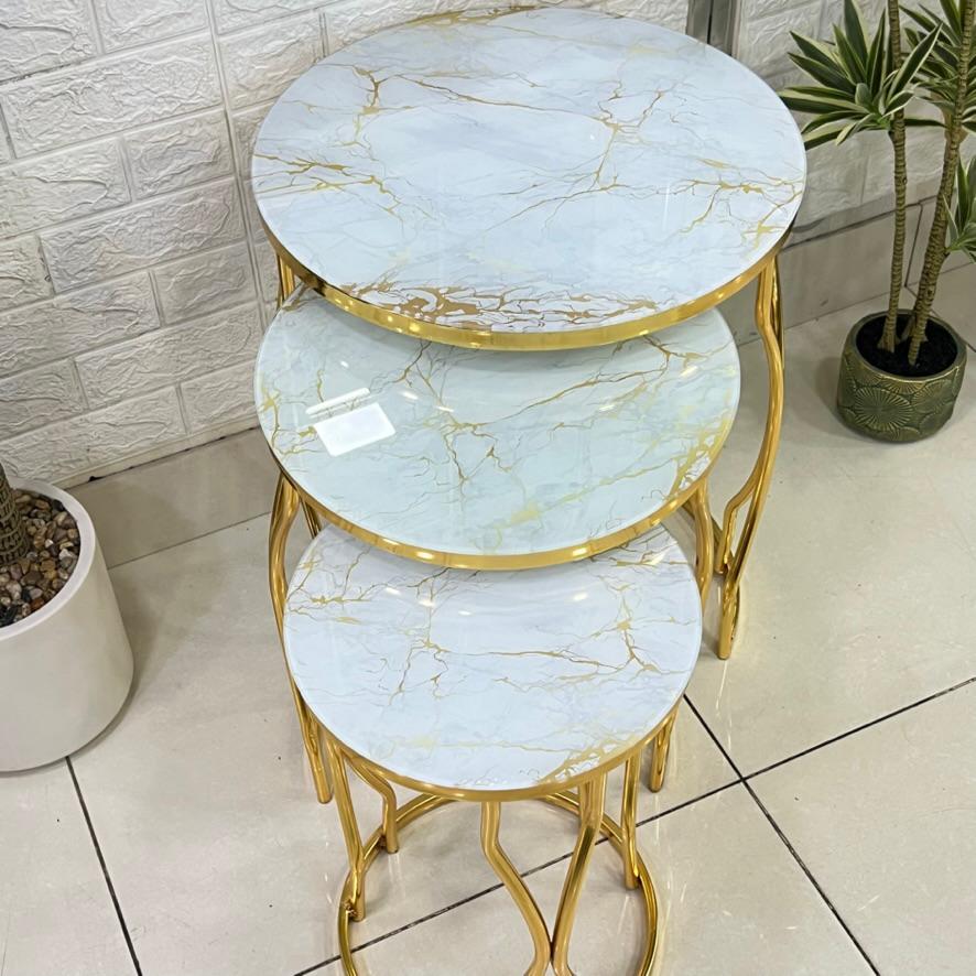 Curve Marble Pattern Mirror Top Round 3-Piece Set