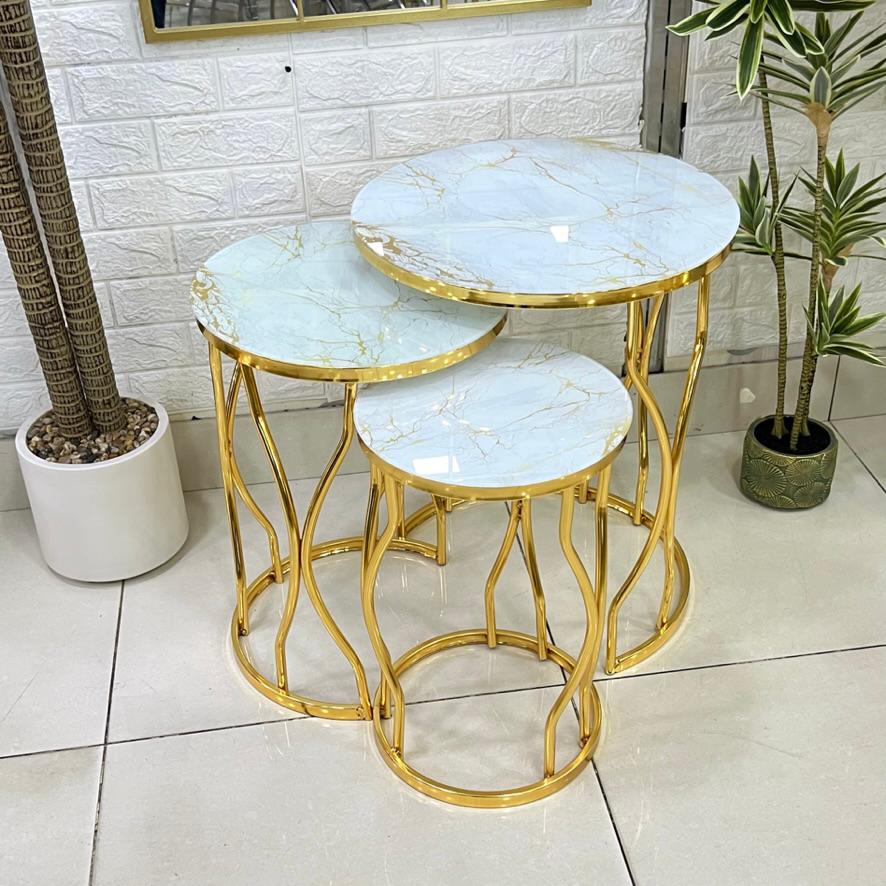Curve Marble Pattern Mirror Top Round 3-Piece Set