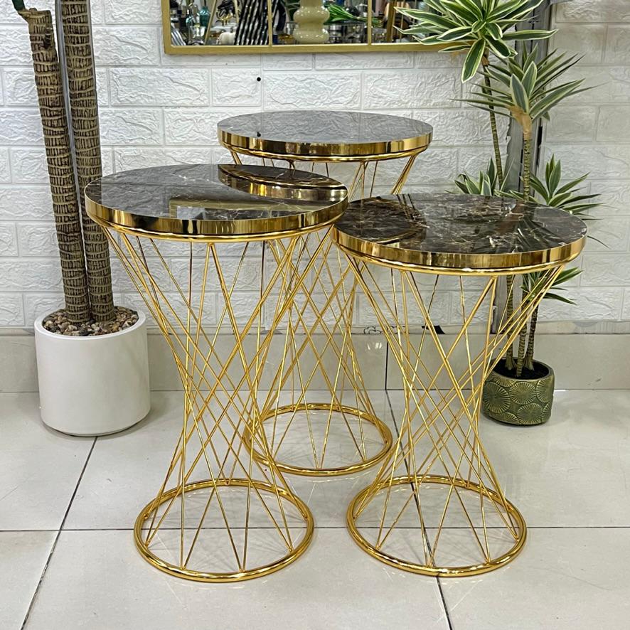 Striped Legs Black Marble Top 3-Piece Set Tables