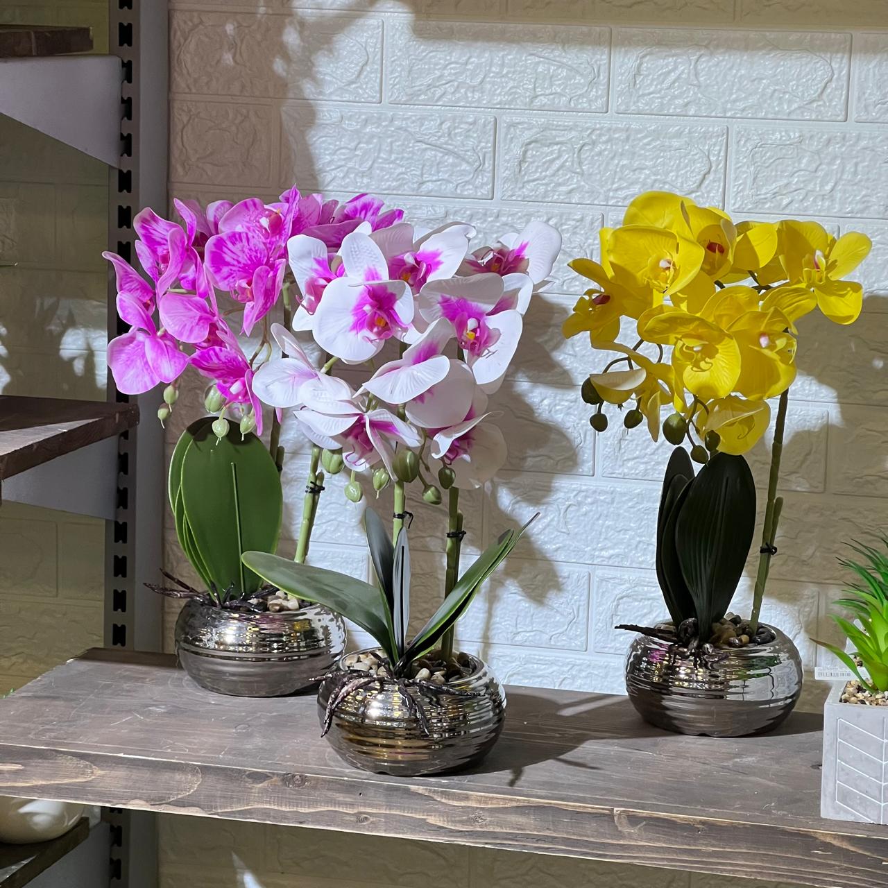 Round Chrome Pot Orchid Artificial Plant