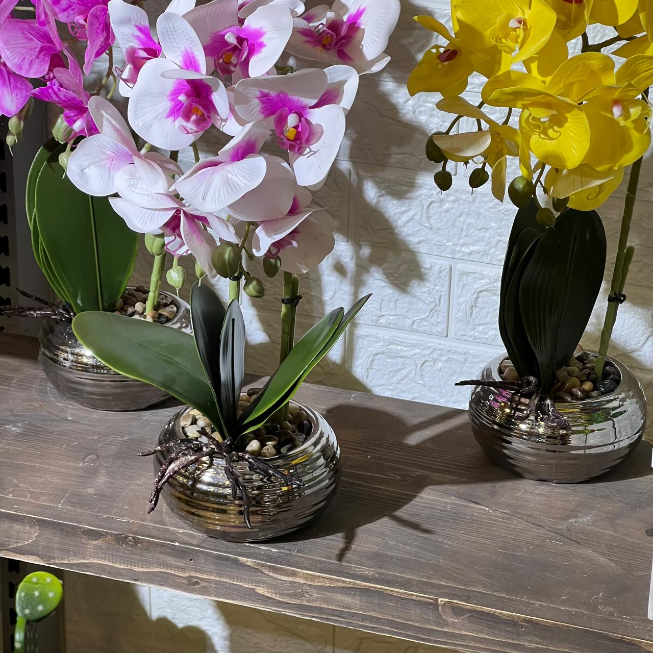 Round Chrome Pot Orchid Artificial Plant