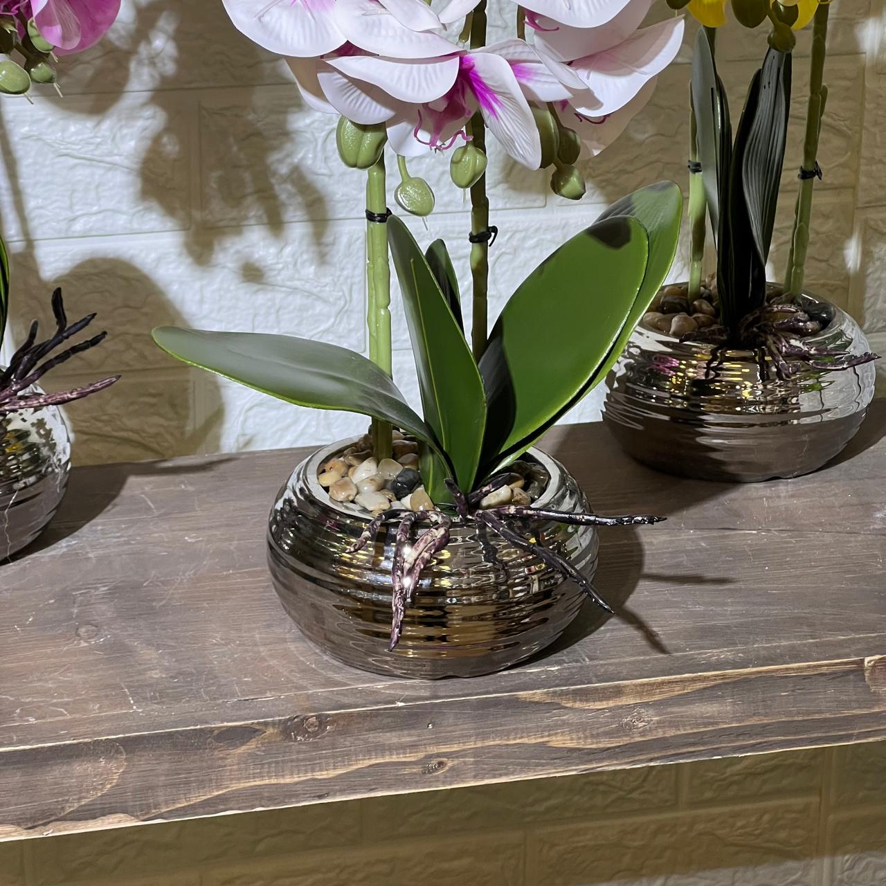 Round Chrome Pot Orchid Artificial Plant