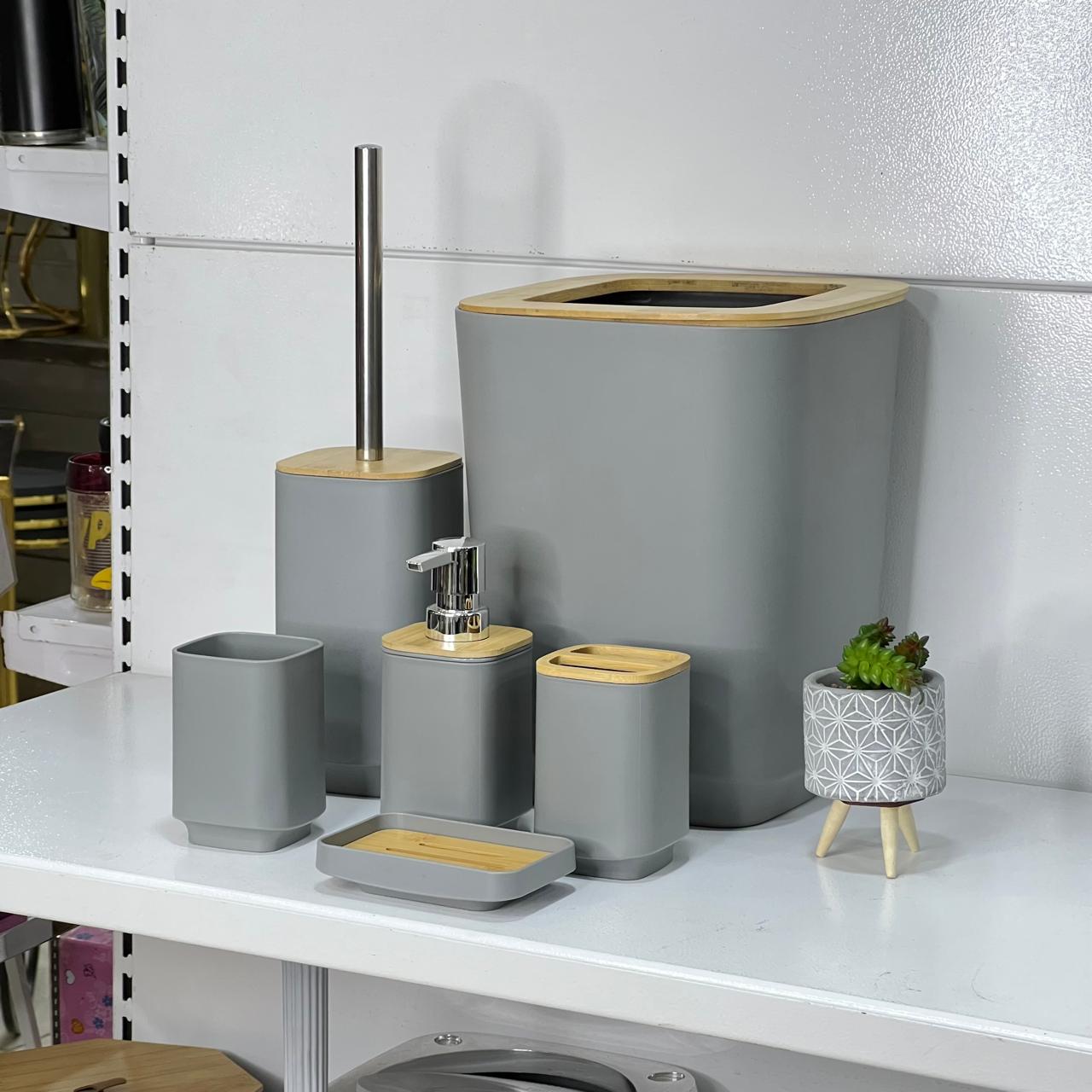 Cute Grey & Bamboo 6 - Piece Bathroom Set