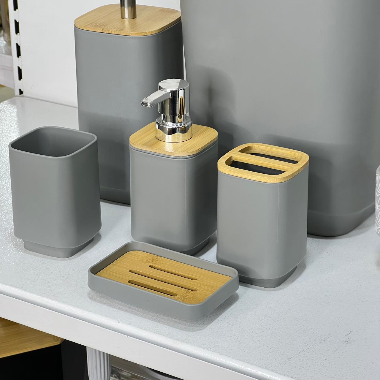 Cute Grey & Bamboo 6 - Piece Bathroom Set