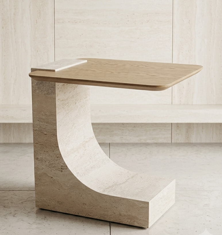 Modern Travertine C-Shaped Side Table