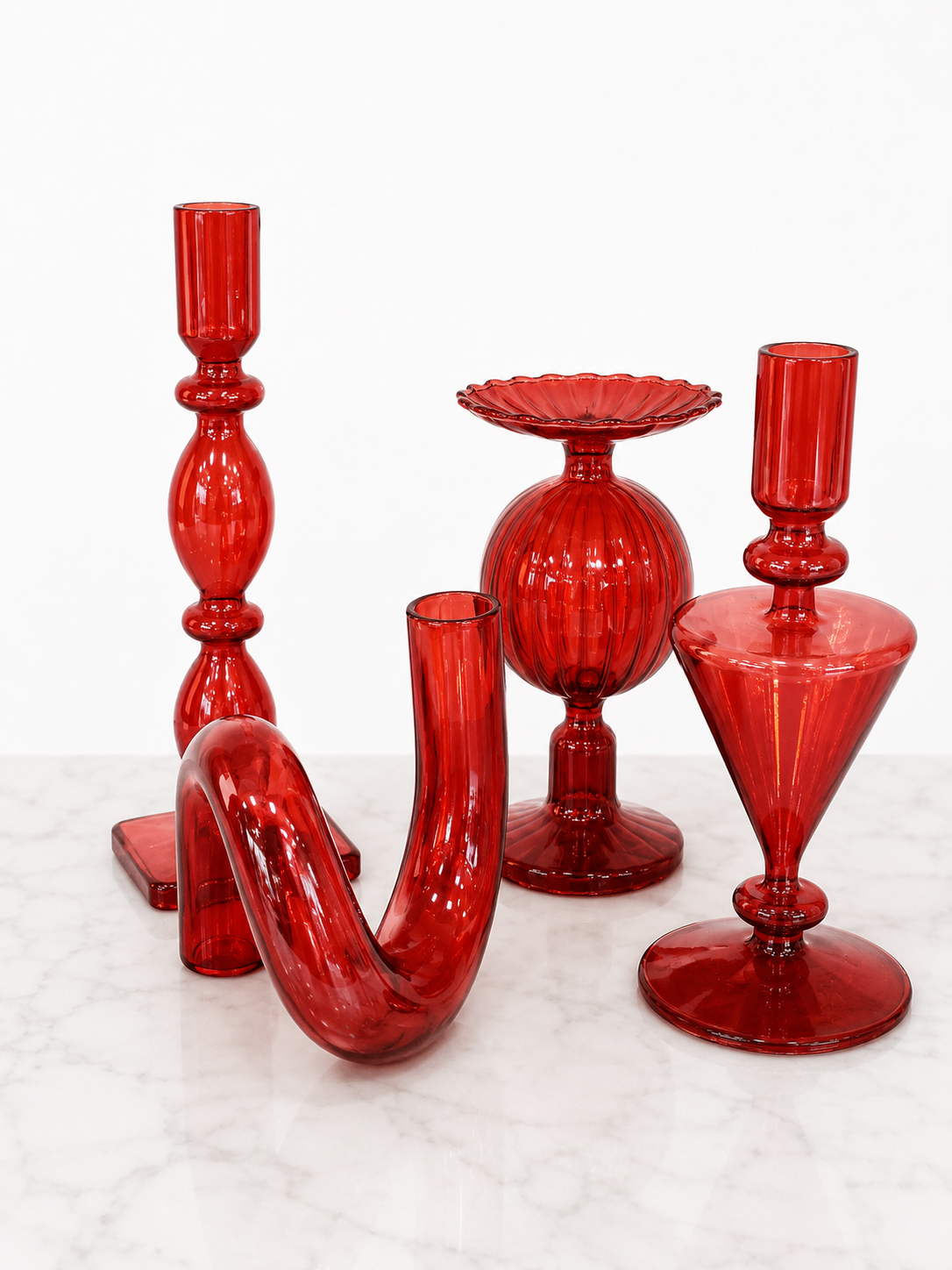 Red Glass Candle Holder 5pcs Set
