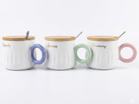 Pastel Ring Handle Ceramic Mug with Bamboo Lid & Spoon