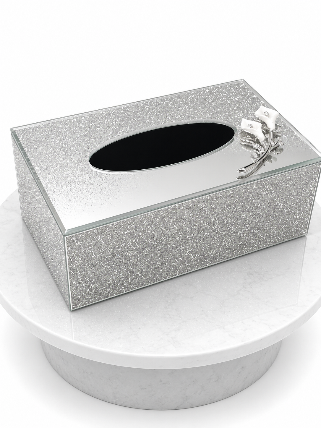 Silver Glitter Floral Tissue Box