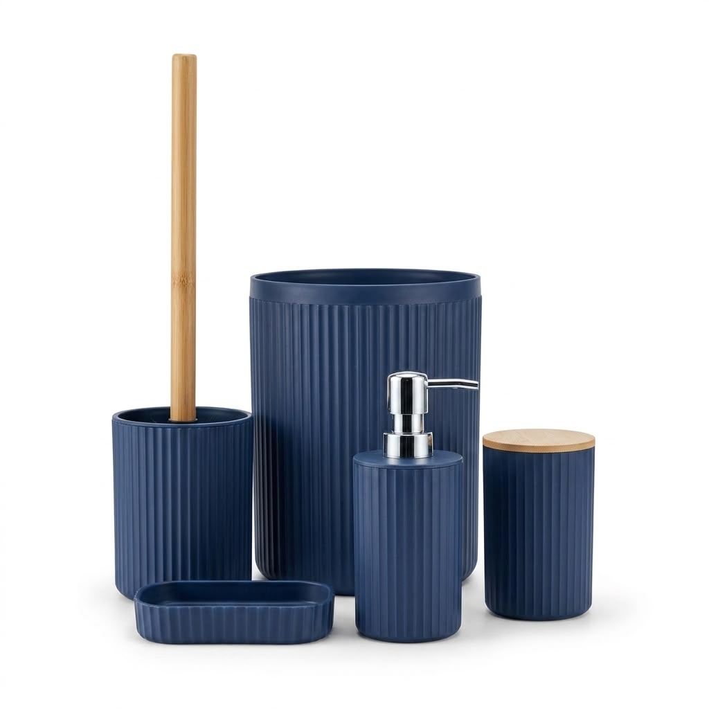 Blue Ribbed Bathroom Set